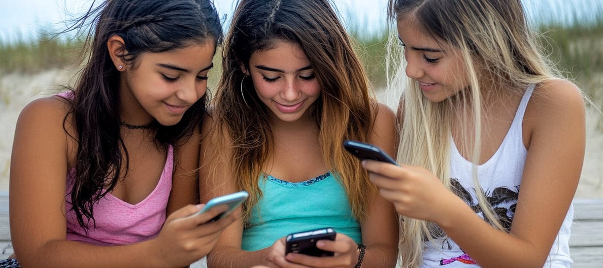 Fotografía de 3 adolescentes viendo su celular en la playa 