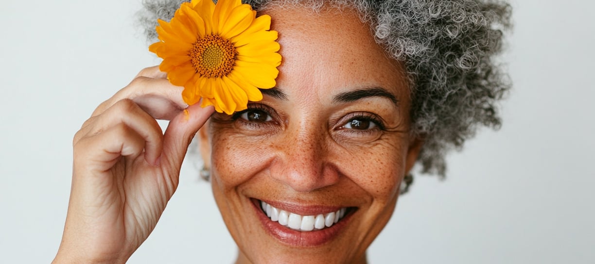 Mujer mayor con afro canoso colocando una flor amarilla en su frente 