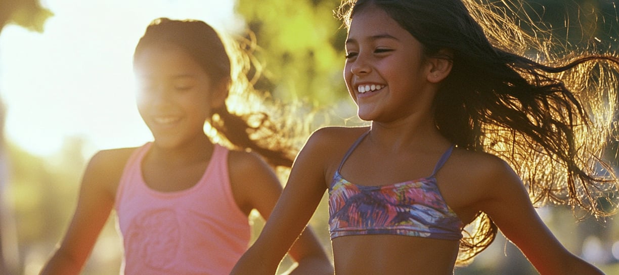 Fotografía de 2 niñas de 10 años corriendo en el parque 