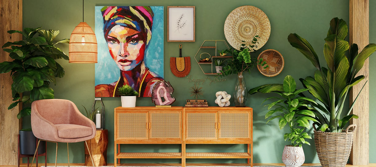 a living room with a painting of a woman's face