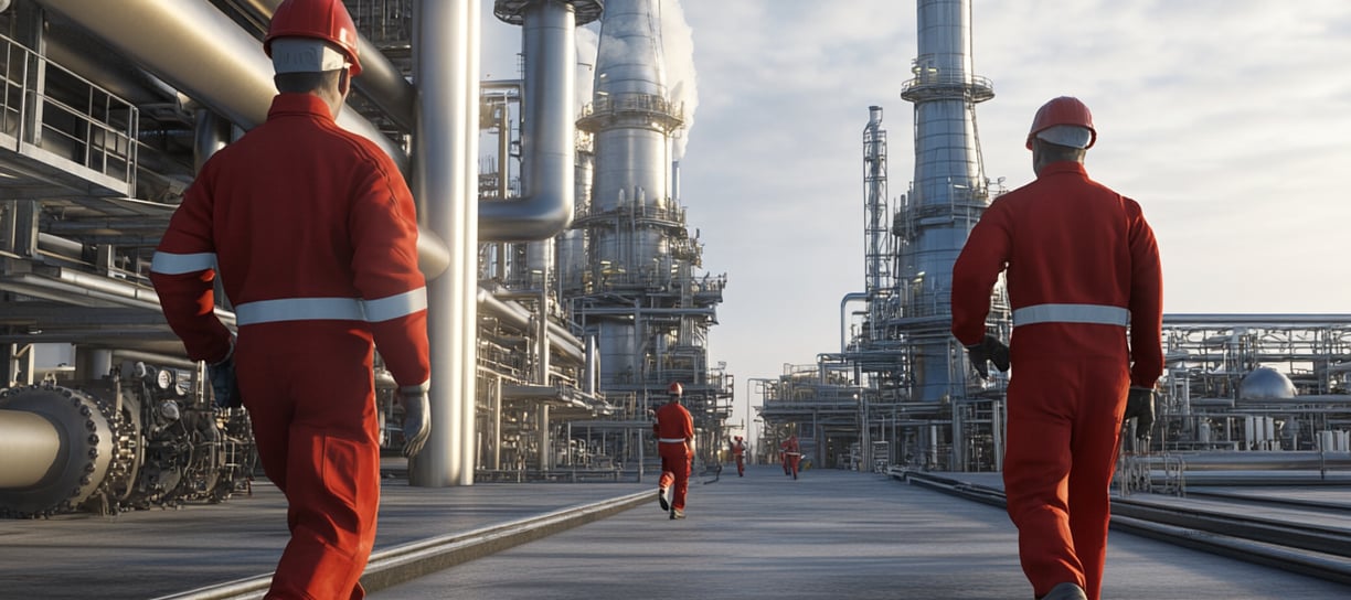 employees walking in the refinery