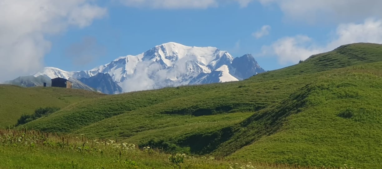 a mountain scene with a cow grazing in the grass