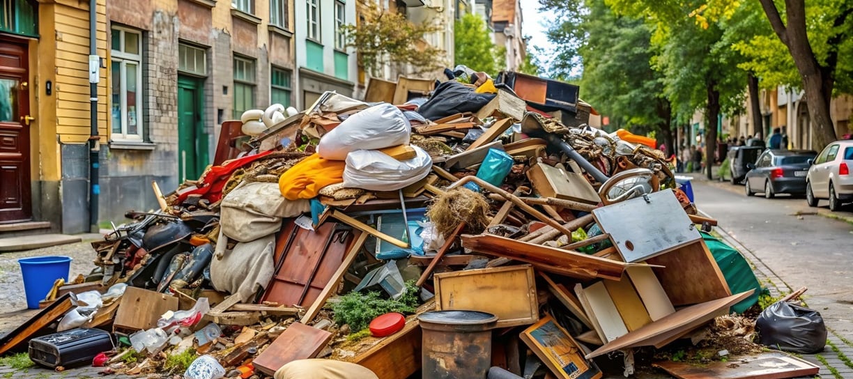 Ein rießen Haufen Müll mitten auf der Straße