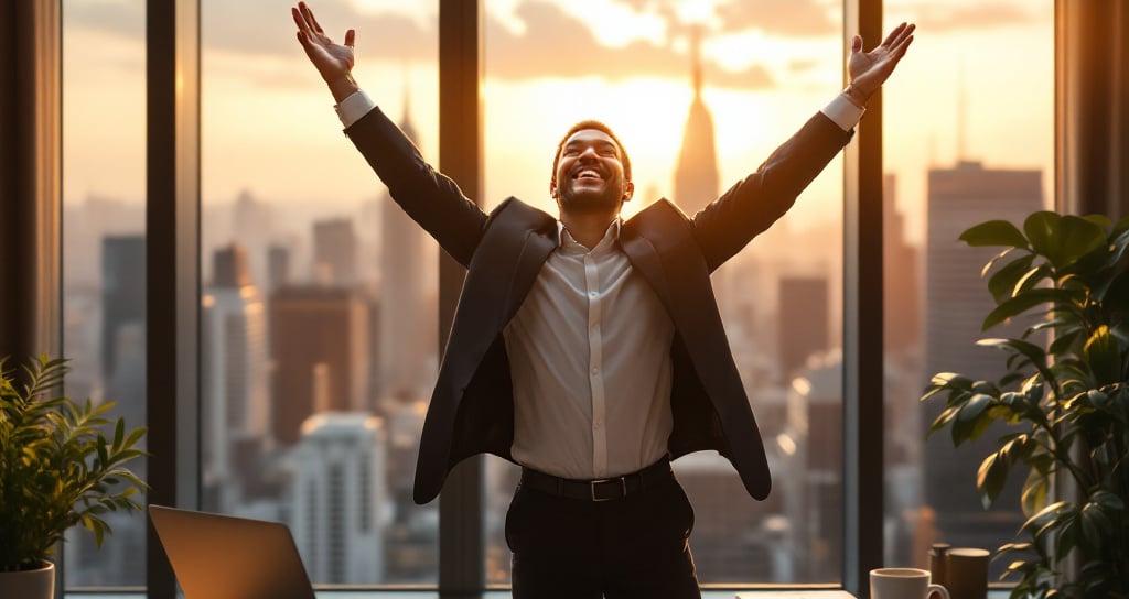 A business owner standing in a modern office, raising their arms in celebration Ribelle Marketing