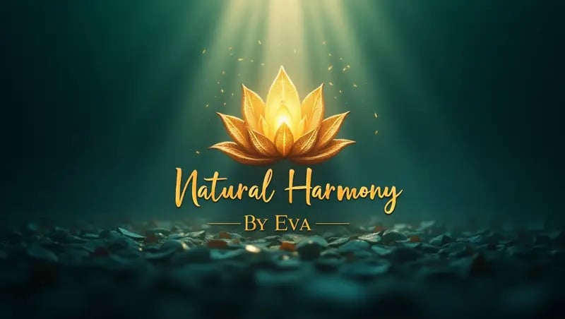 Natural Harmony by Eva logo with golden lotus and light rays, symbolizing balance and wellness.