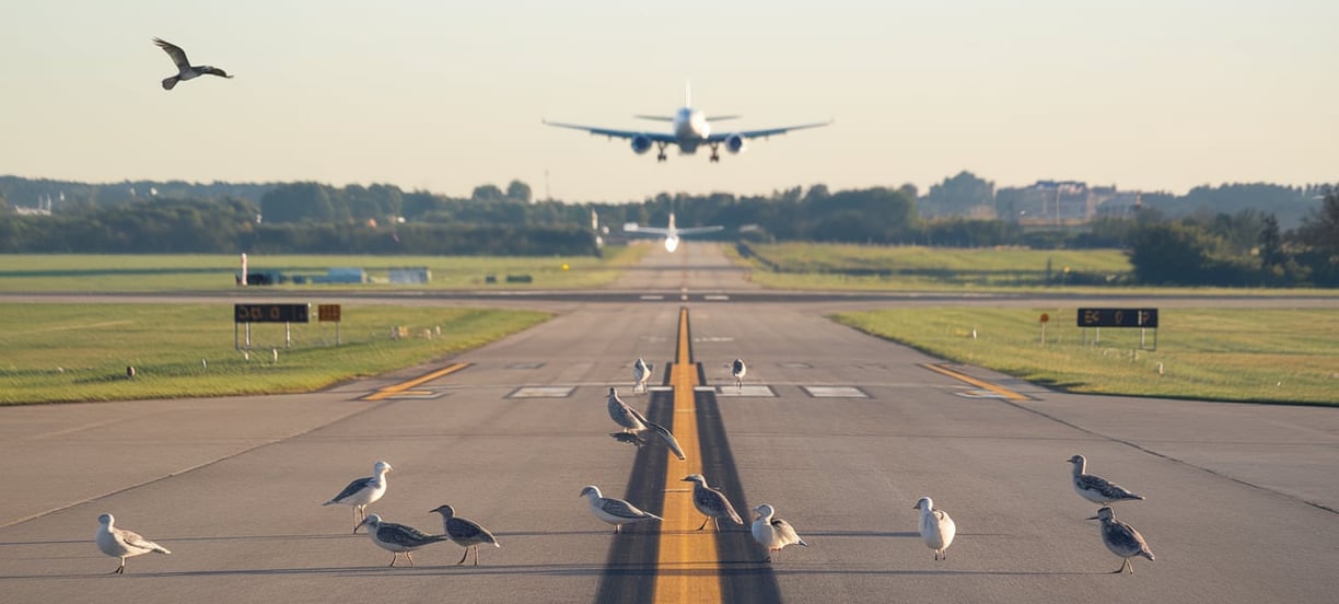 A plane landing at an airport with birds in the foreground.