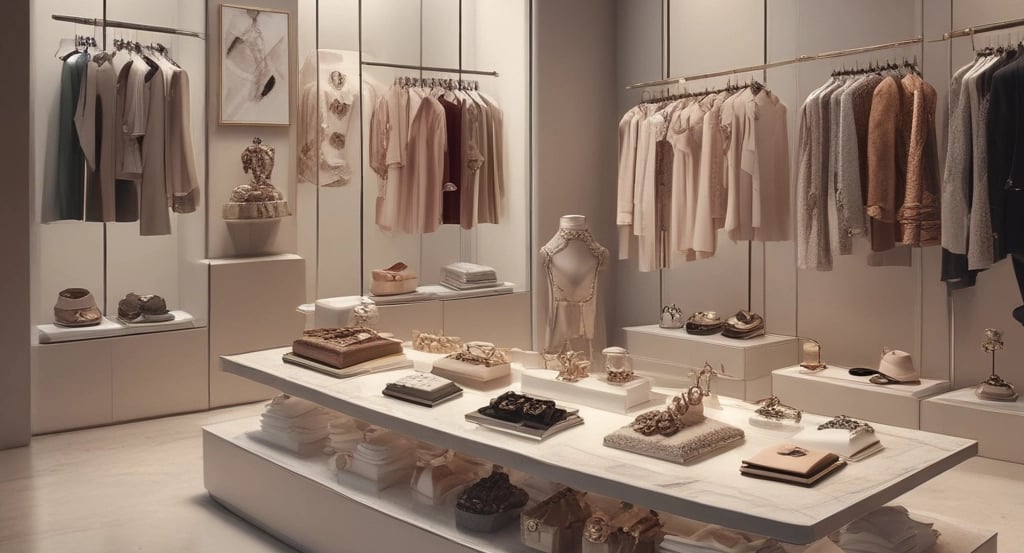 A well-organized store interior with neatly arranged products. Various home goods and decorations are displayed, including kitchenware, artificial flowers, and textiles. Shelves are filled with neatly stacked items, and the store is brightly lit with natural and artificial light.