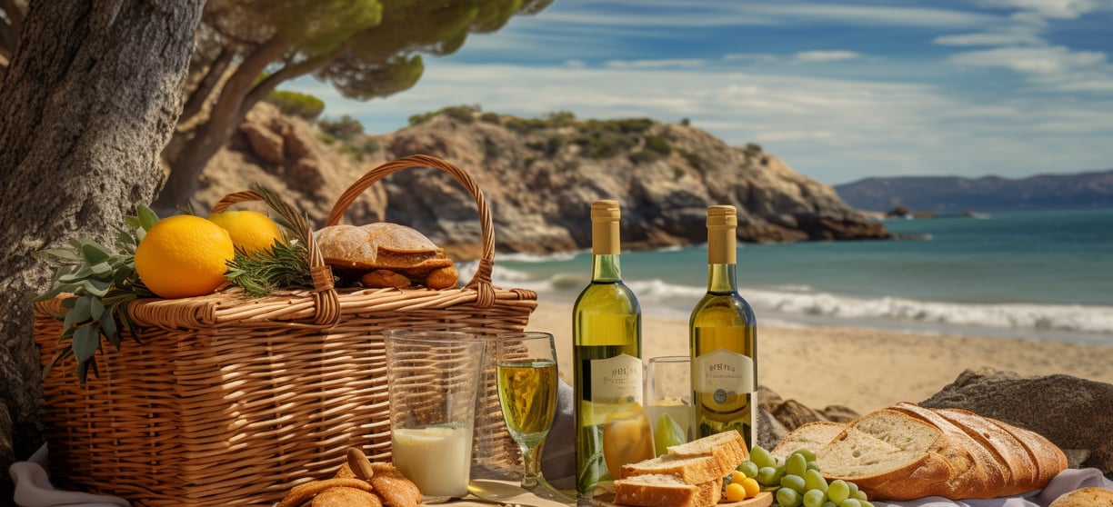 a picnic basket beside food and bottles of wine