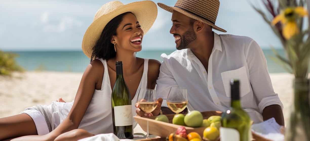 a man and woman drinking wine by the beach