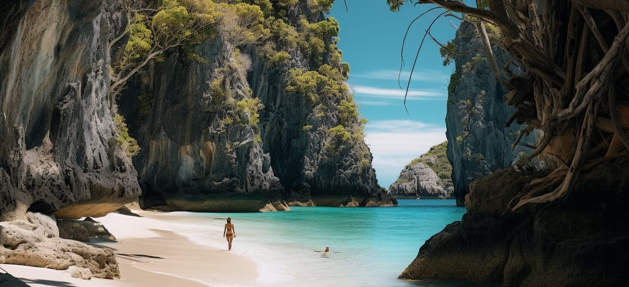 a person walking on a beach near a body of water