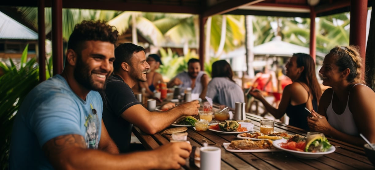 a group of people sitting at a table with food