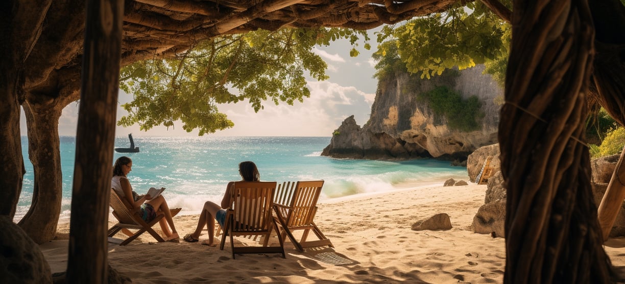 two people sitting in chairs on a beach