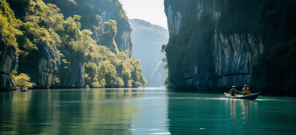 a man in a canoe in the middle of a river