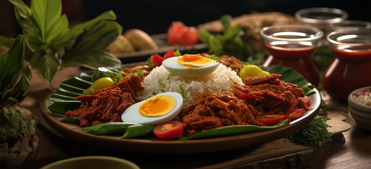 a plate with rice, sliced boiled eggs, fried anchovies, sambal