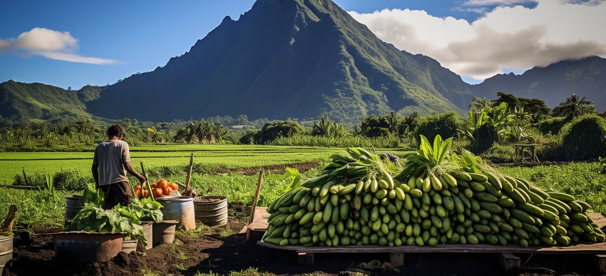 a man standing in a field with a pile of bananas