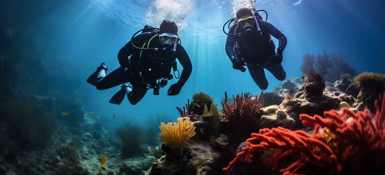 two divers in scuba gear in the water