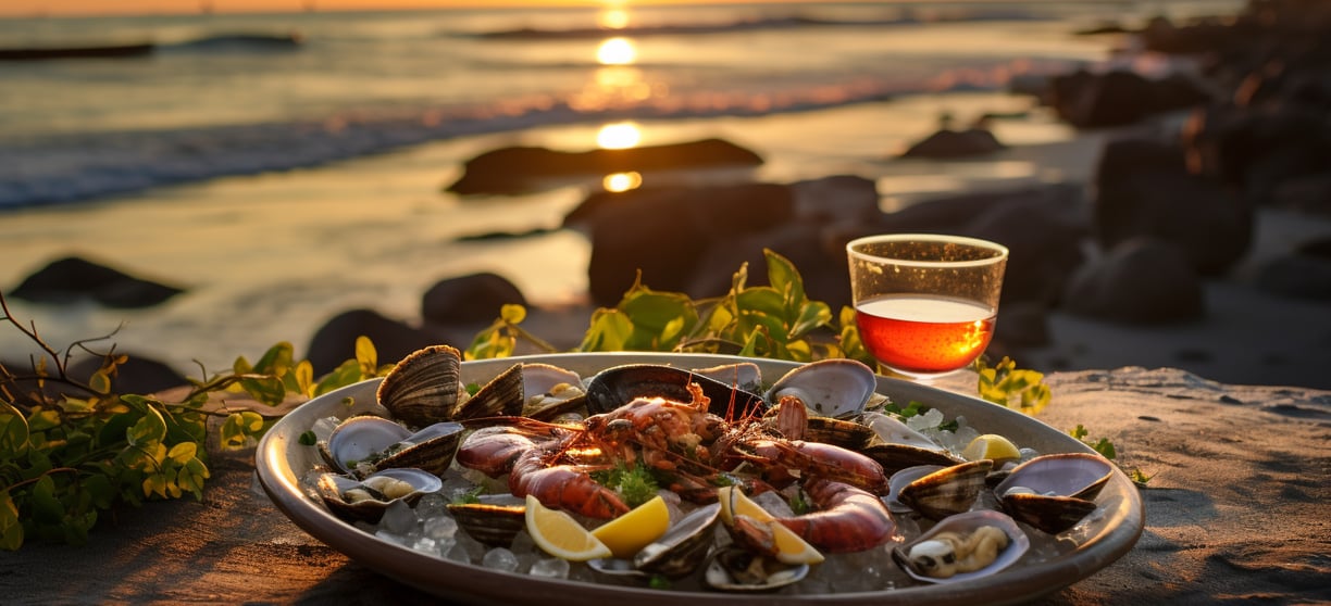 a plate of seafood with a glass of wine