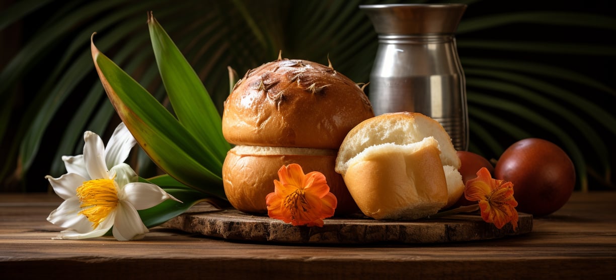 a table with bread and flowers on it