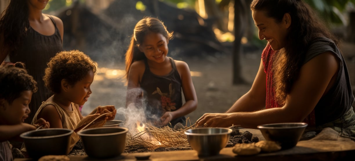 a woman cooking food in a pot on a table