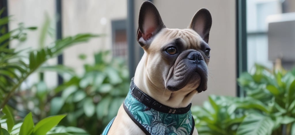 Awith light fur is wearing a green collar with a blue tag that features a QR code. The dog is looking towards a garden area with a metal chair that has tropical-patterned cushions. There is a glass table nearby and leafy plants in the background, suggesting a patio or outdoor setting.