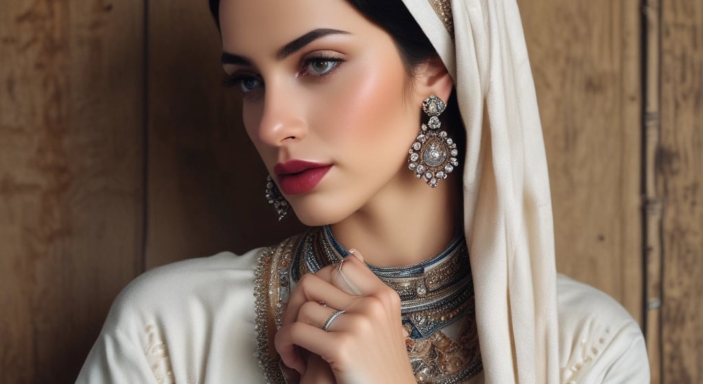 A woman wearing a light hijab, adorned with elegant pearl earrings on her left ear, and a beaded bracelet on her left wrist. She has dark hair and expressive makeup, including bold lipstick and eye makeup. She is touching her hair with her right hand and standing against a wooden carved background.
