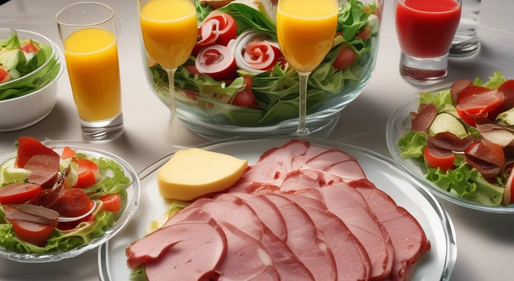 A selection of three colorful trays is filled with a variety of healthy snacks, including orange slices, nuts, seeds, and a measuring tape is artfully draped across them, suggesting themes of dieting or nutrition.