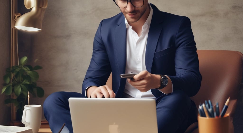A person in a floral shirt is sitting at a wooden table reading a book titled 'Expert Secrets' by Russell Brunson. Next to them is a laptop and a black mug with '80/20' printed on it. The background features a blurred cafe environment with other people, creating a relaxed and cozy atmosphere.