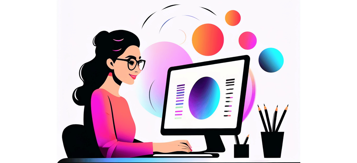 a woman sitting at a desk with a computer monitor and a computer