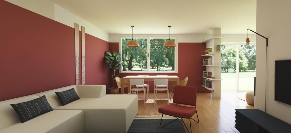 3D salon rouge et beige japandi