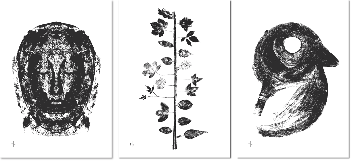 Trauerkarten mit Totenmaseke, künstlerischem Baum aus Blattabdrücken und grob gemaltem Vogel