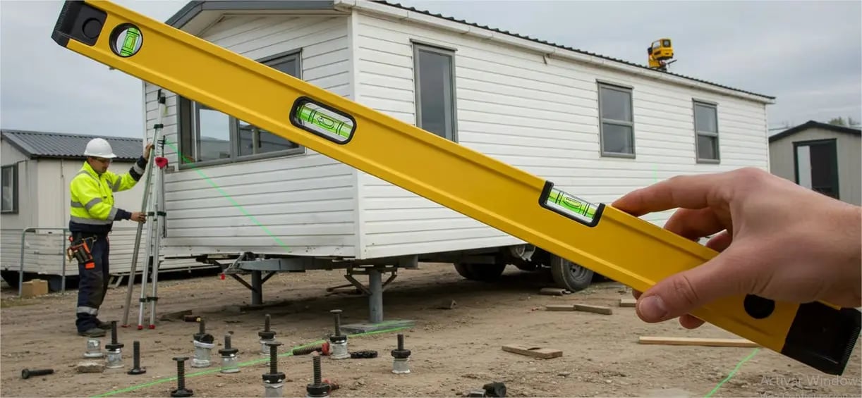 "Mobil home correctamente nivelado sobre terreno firme con soportes ajustables"