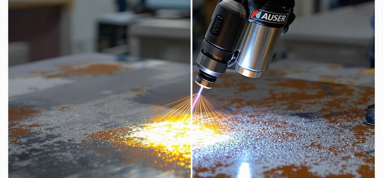 Laser cleaning machine removing paint from rusted metal surface