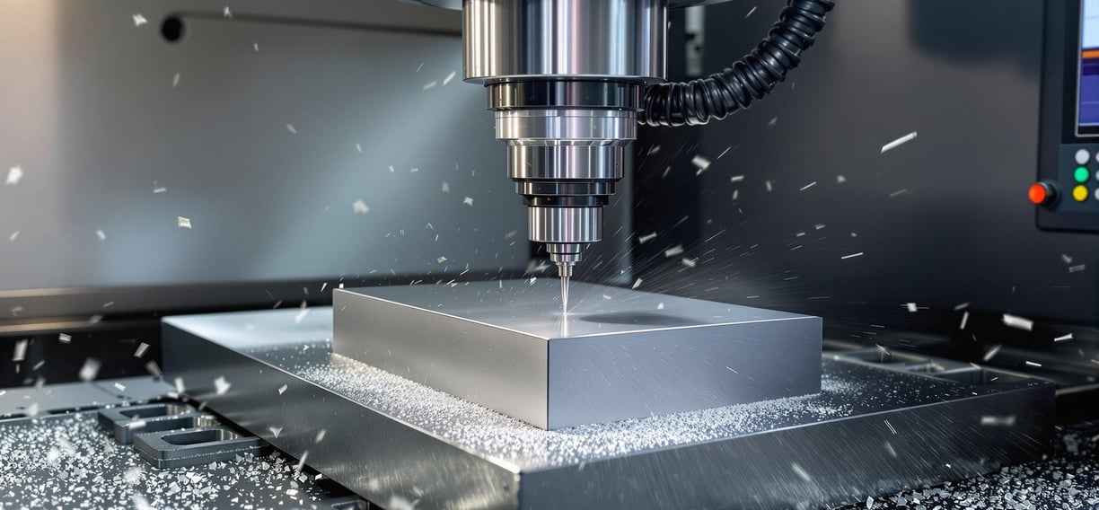 CNC machine cutting aluminum block with high-speed spindle