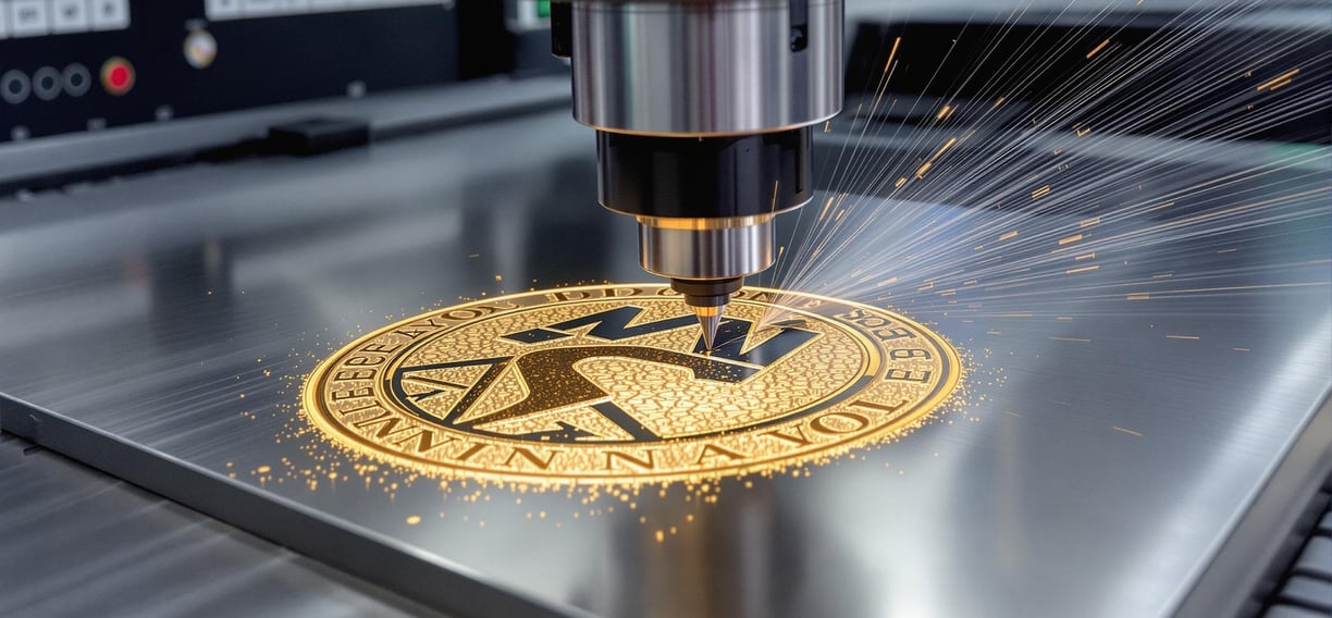 CNC engraving machine etching logo into aluminum plate