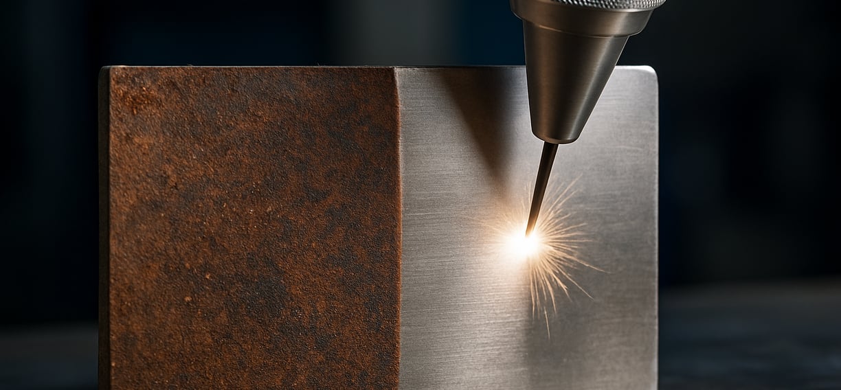 Laser cleaning removing rust and revealing clean metal surface.