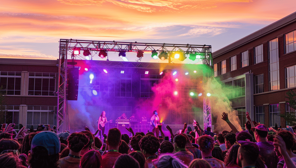 a crowd of people standing around a stage with a stage and a stage