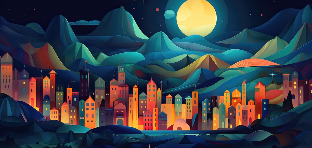 Hero image illustrated city skyline in the mountains at night