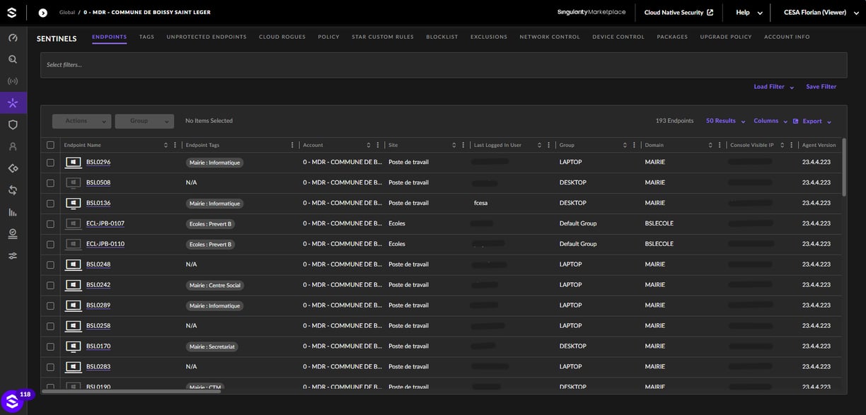 Voici une image avec la liste des PC possédant un agent Sentinel d'installer