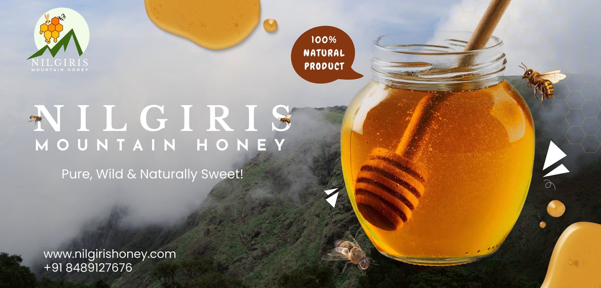 Jar of pure Nilgiris raw honey ,gudalur mountain background green gold color logo