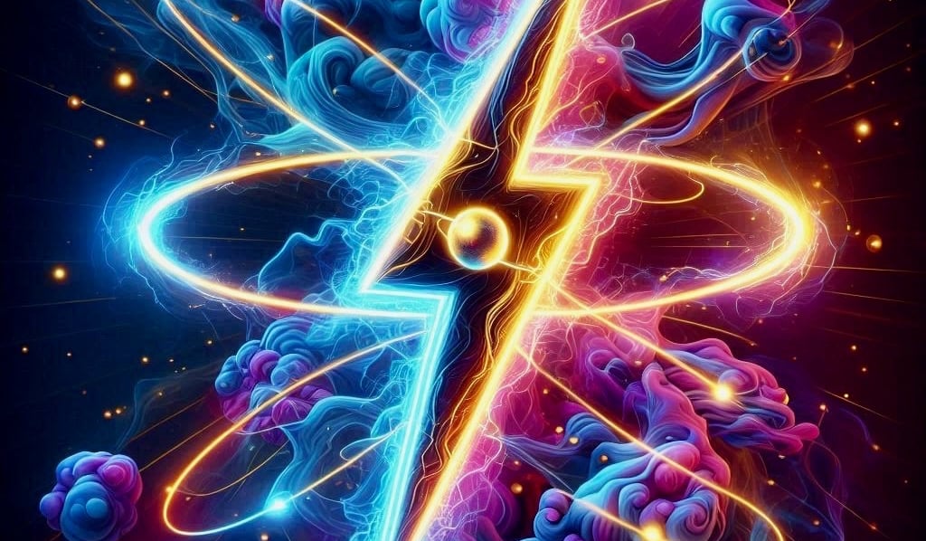 the logo of a storm is coming, it is an elexctric universe being created by the power of AI