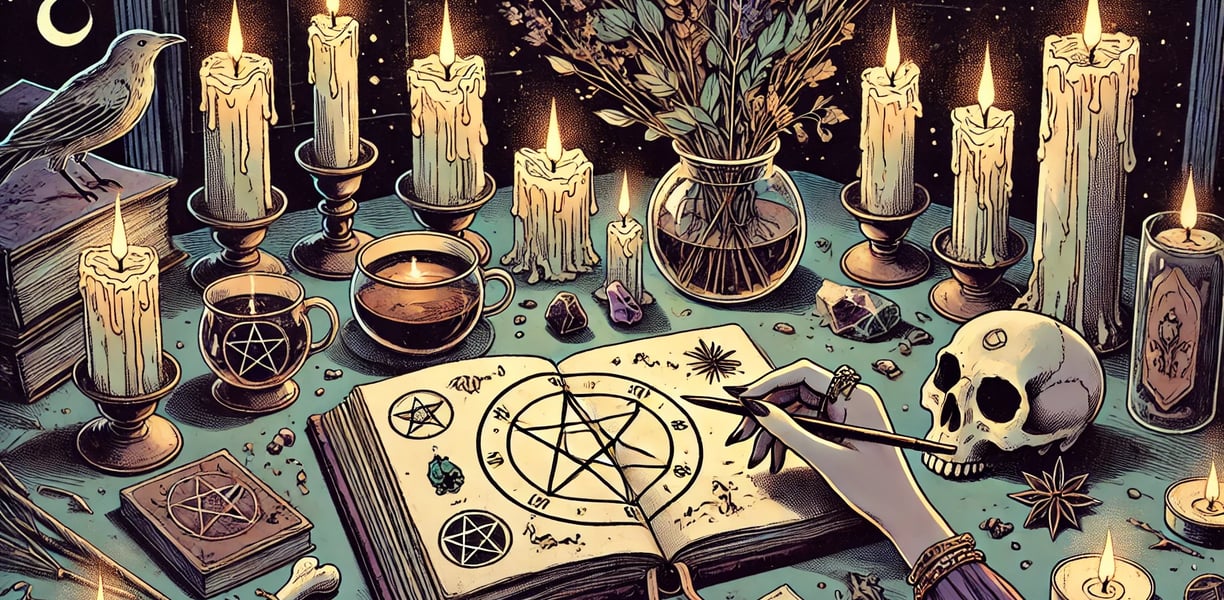 a table with candles and candles and a pen and ink pen