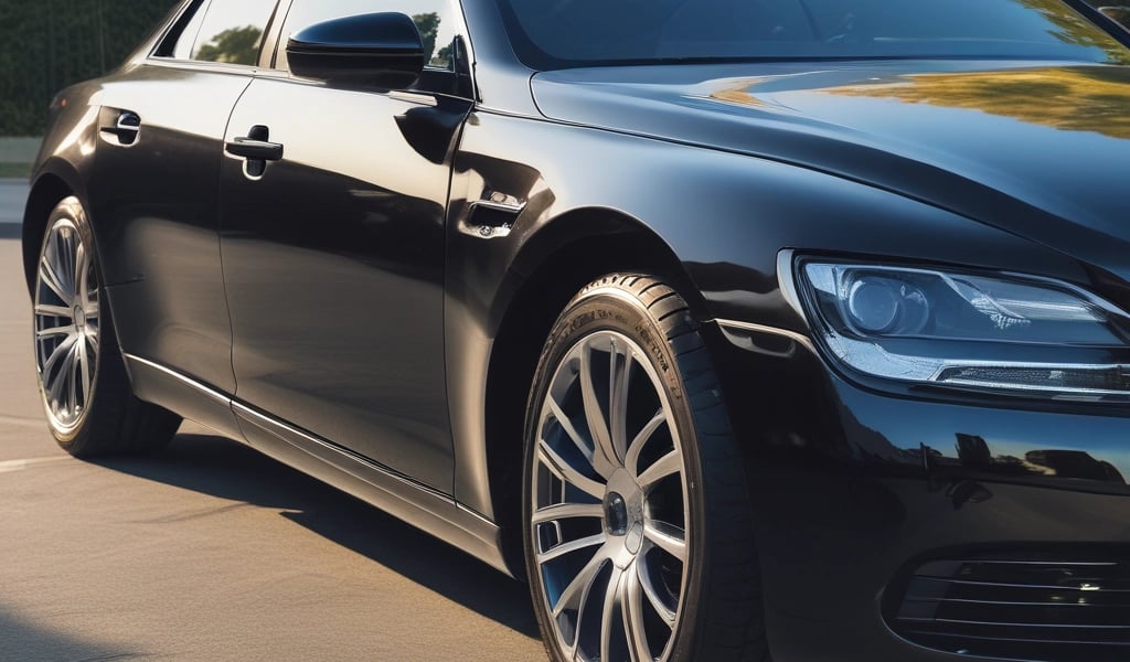 A sleek, modern black car with a shiny finish is parked inside a garage or showroom. The car's detailed and reflective surface highlights the meticulous care given to its maintenance. Above the car, there is a stylized logo and the text 'Spot on Makeover Car Care' on the wall, indicating a specialized vehicle detailing or care service.