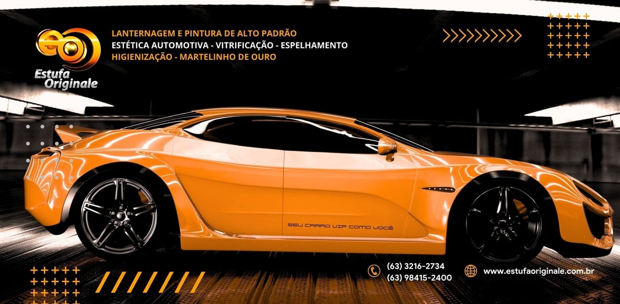 Banner da Estufa Originale com um carro esportivo com pintura laranja metálica, bastante reflexiva