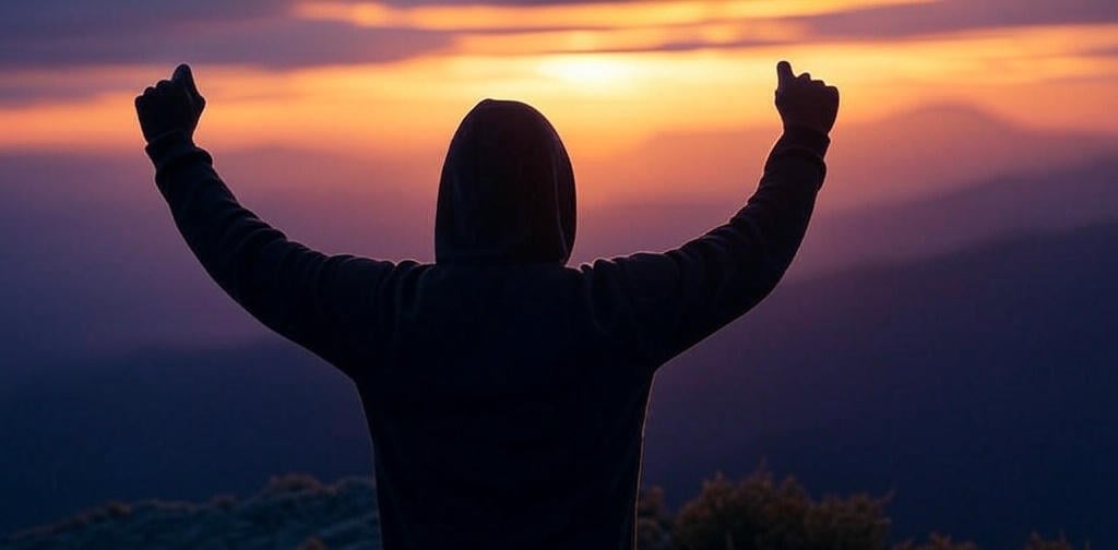 Confident model wearing navy Top 500 Million hoodie at sunrise, standing on a cliffside