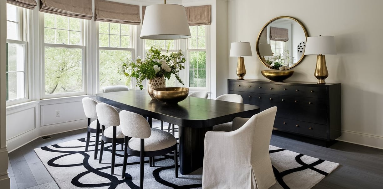 a dining room table with a black table and chairs