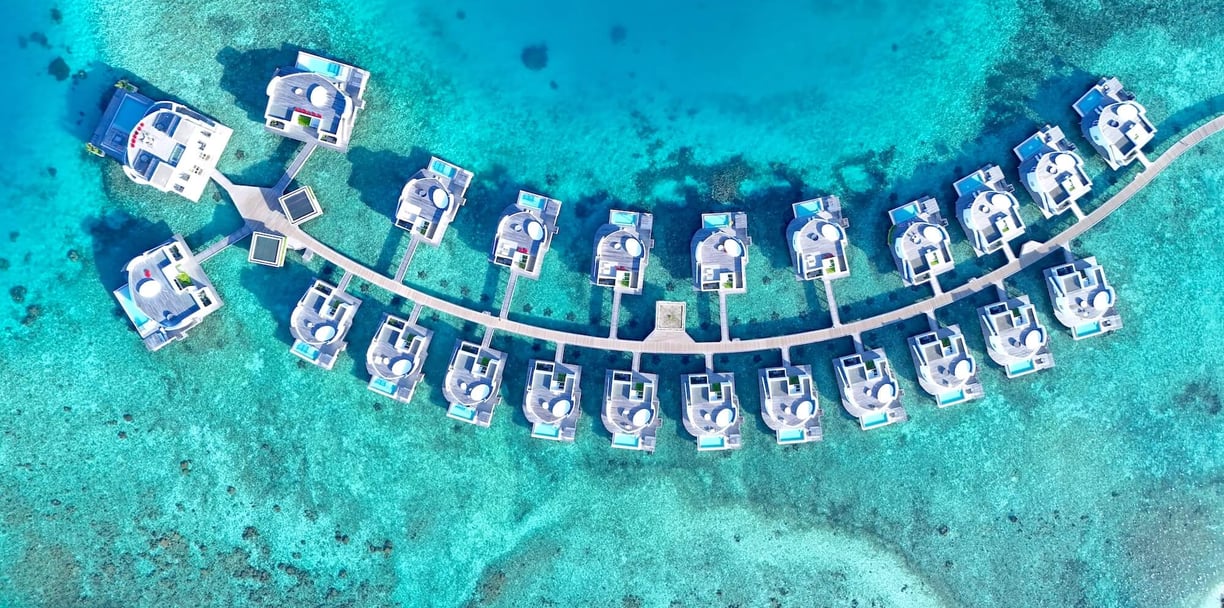 Jumeirah Olhahali Island Maldives drone overwater villas
