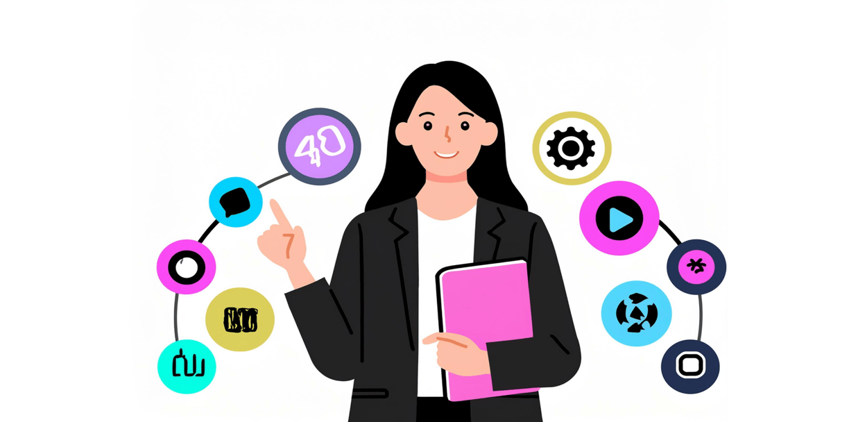 a woman holding a folder and pointing at a tablet