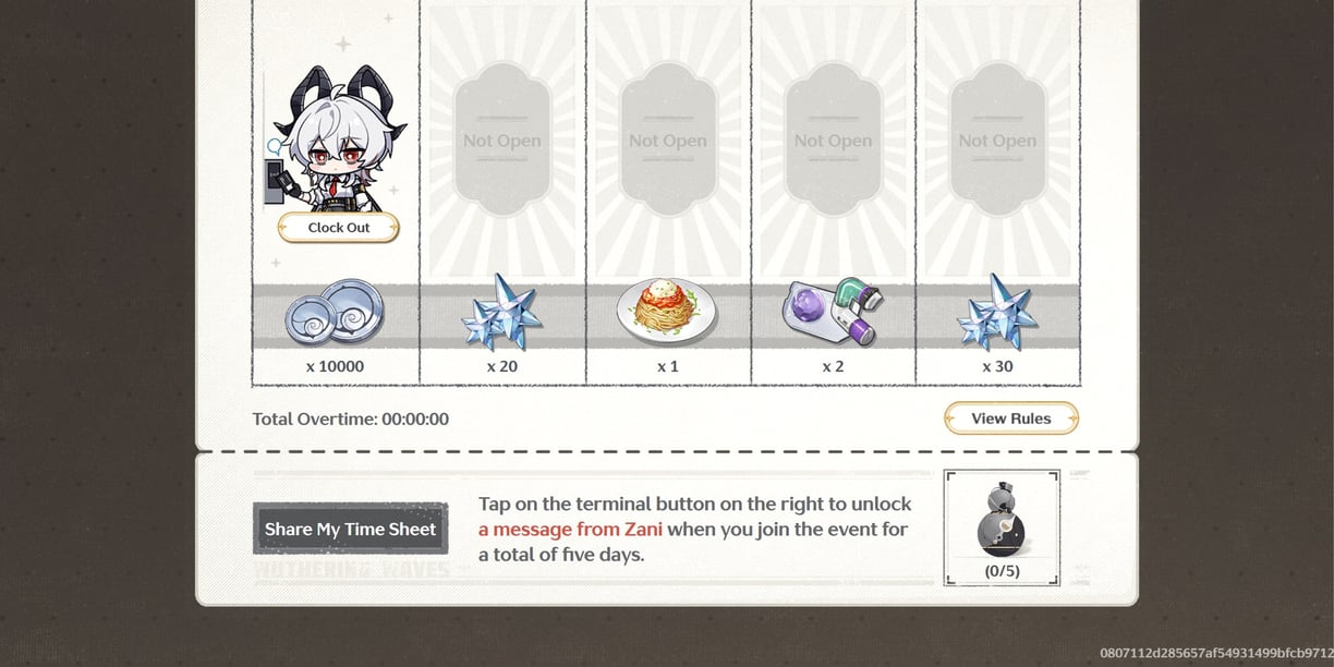 Clock out with Zani button in Wuthering Waves daily event interface