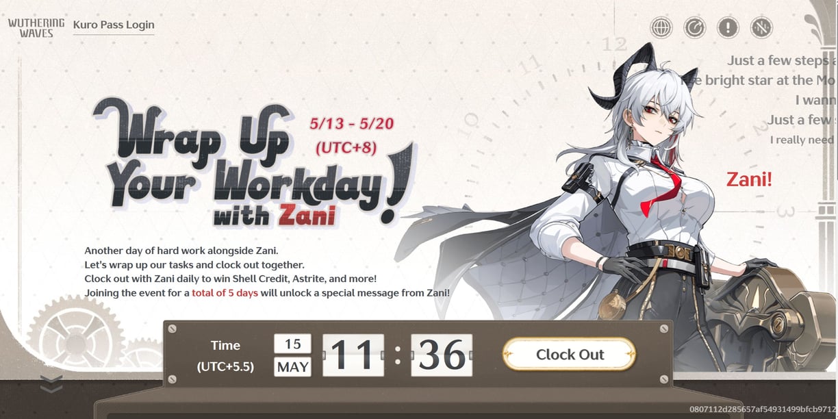 Wuthering Waves Zani web event banner with clock out button and event details