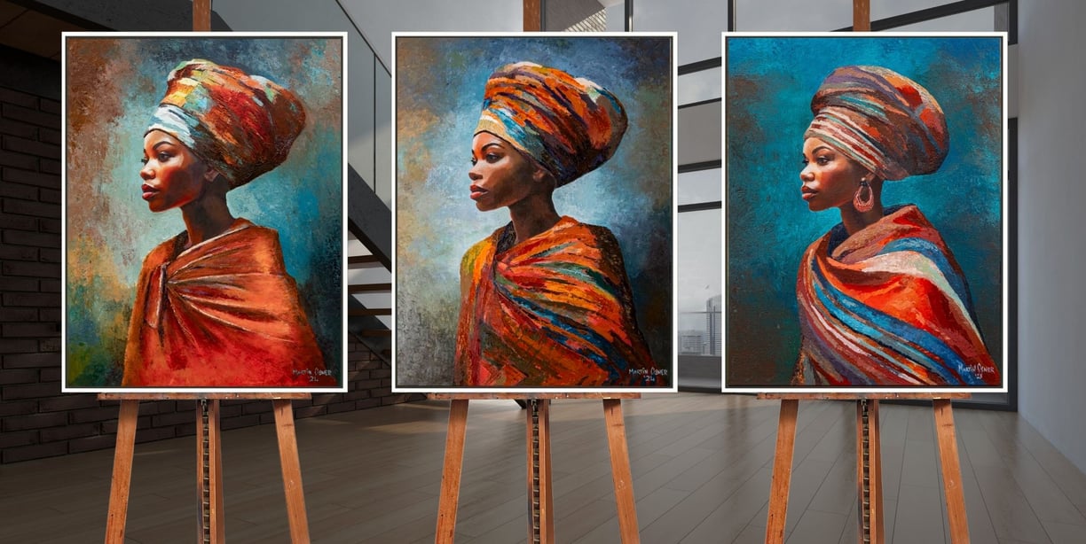 Painting of three sisters standing on easels in a modern interior painted by artist Martin Osner